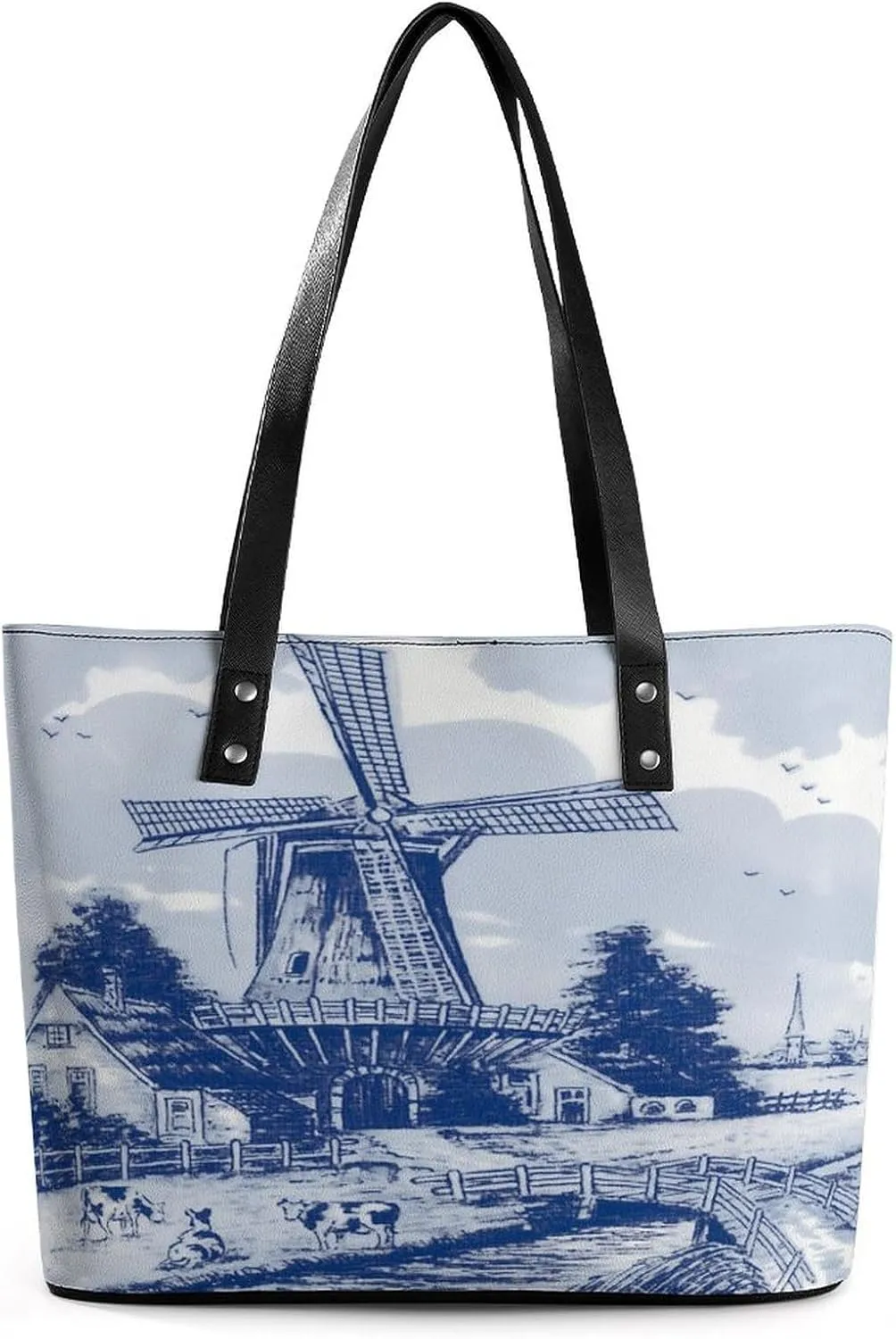 Vintage Blue Nederland Dutch Windmill Delft Women Tote Bags Top Handle Satchel Handbags Faux Leather Tassel Shoulder Purse