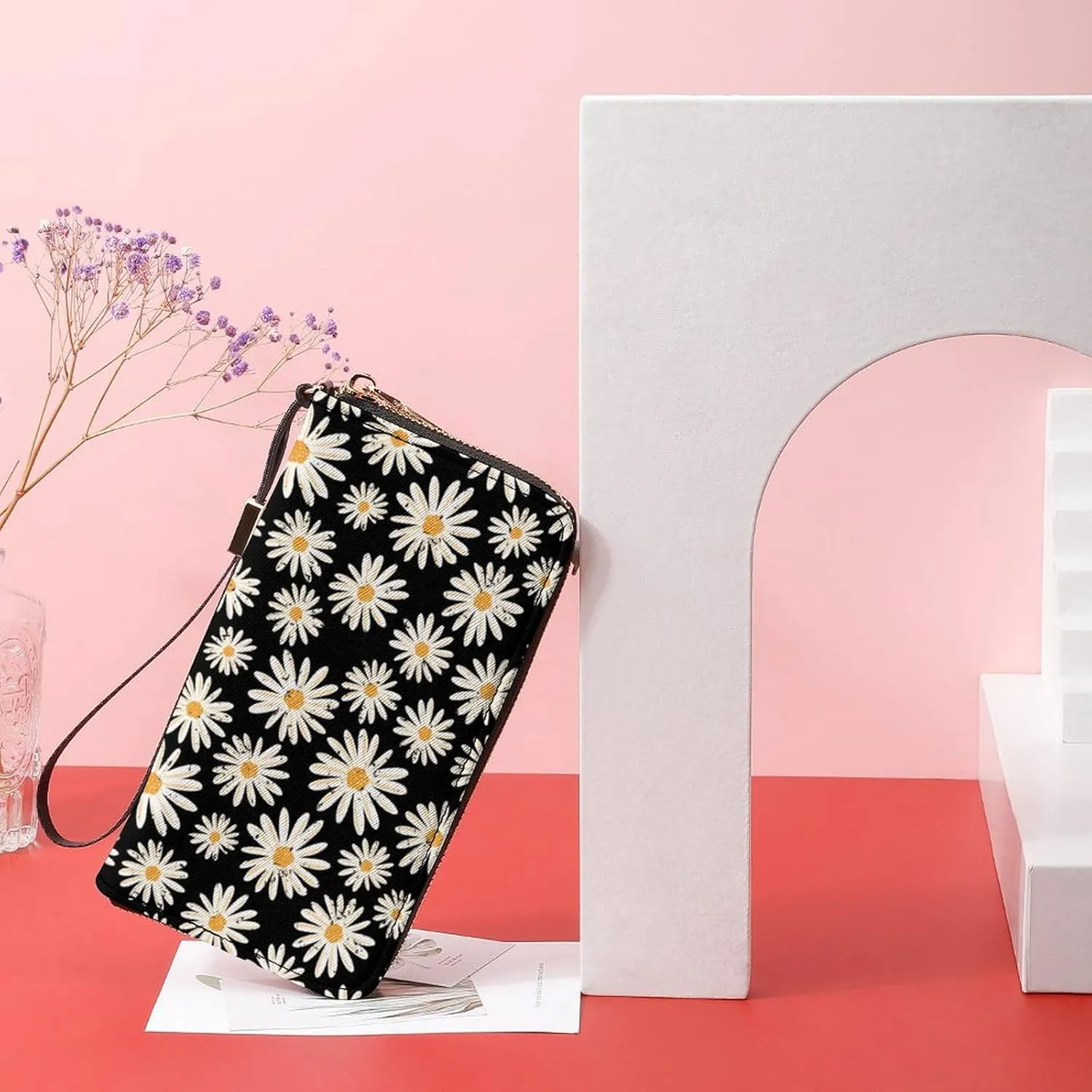 Vintage Little Flowers Women's Leather Long Large Capacity Wallet Clutch Wallet with Hand Strap