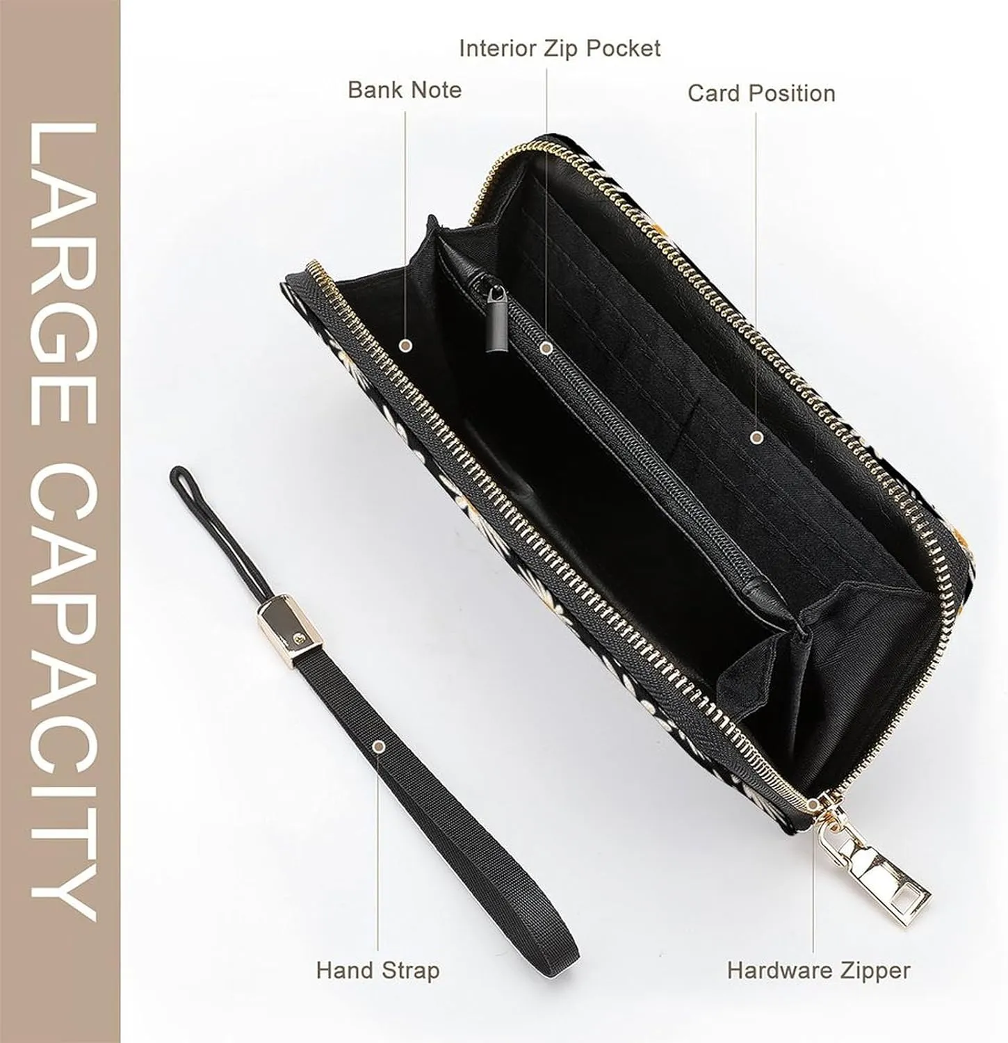 Vintage Little Flowers Women's Leather Long Large Capacity Wallet Clutch Wallet with Hand Strap