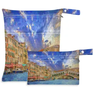 visesunny Stunning Afternoon Landscape Of Grand Canal Bridge Rialto 2Pcs Wet Bag with Zippered Pockets Washable Reusable Roomy for Travel,Beach,Pool,Daycare,Stroller,Diapers,Dirty Gym Clothes, Wet Swi