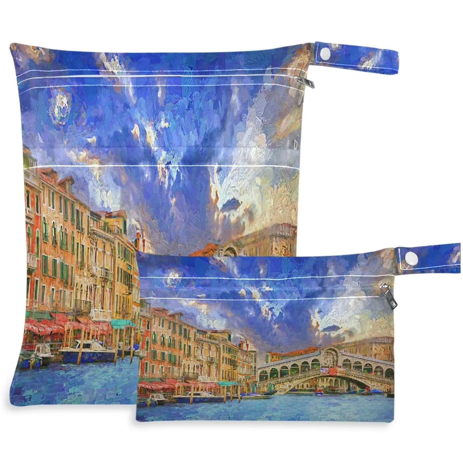 visesunny Stunning Afternoon Landscape Of Grand Canal Bridge Rialto 2Pcs Wet Bag with Zippered Pockets Washable Reusable Roomy for Travel,Beach,Pool,Daycare,Stroller,Diapers,Dirty Gym Clothes, Wet Swi