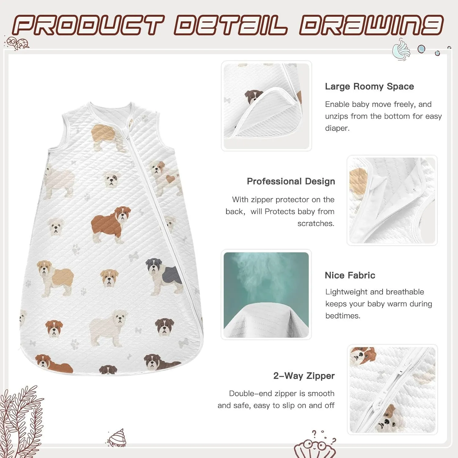 vvfelixl Sleep Sack for Newborn Babies,Different English Bulldog Baby Wearable Blanket,Swaddle Transition Sleeping Bag for Infant,Sleep Suit for Toddler 12-24 Months