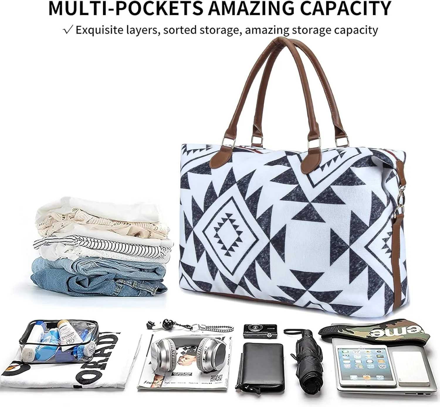 Weekender Bag Duffle Bag For Women Large Travel Tote Bag Overnight Weekend Bags With Shoulder Strap Cow Leopard Atzec…