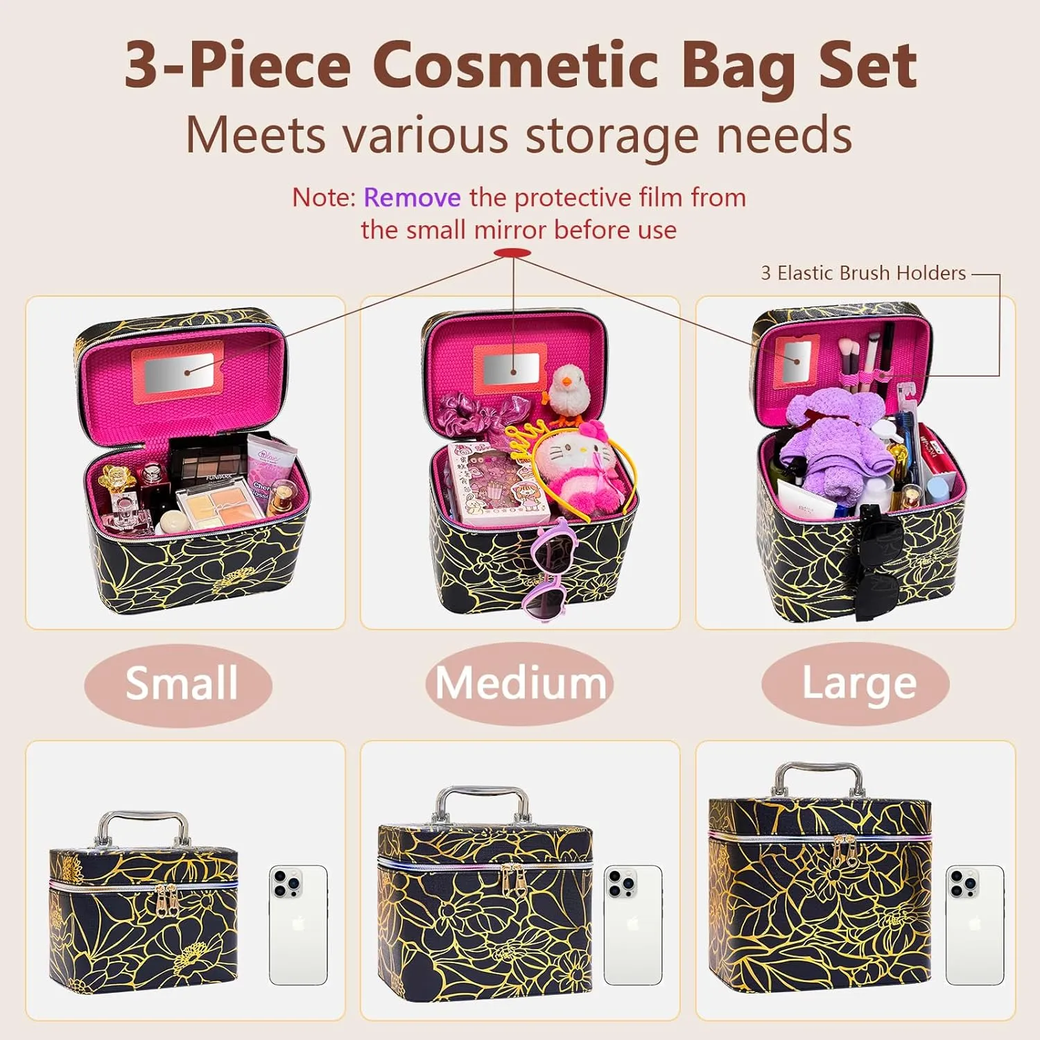 weiwei Travel Makeup Train Case Makeup Cosmetic Bag Organizer, Large Travel Cosmetic Case Bags for Women with Mirror, Waterproof Flower Leather Make up Bag Box Set for Traveling (Black, 3-Pcs)
