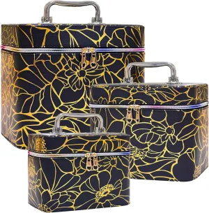 weiwei Travel Makeup Train Case Makeup Cosmetic Bag Organizer, Large Travel Cosmetic Case Bags for Women with Mirror, Waterproof Flower Leather Make up Bag Box Set for Traveling (Black, 3-Pcs)