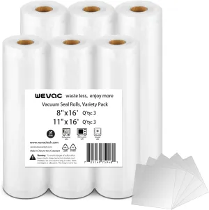 Wevac 6 Pack 11" x 16' and 8" x 16', Vacuum Sealer Bags Rolls for Food Saver, Weston, Commercial Grade, BPA Free, Heavy Duty, Great for vac storage, Meal Prep or Sous Vide
