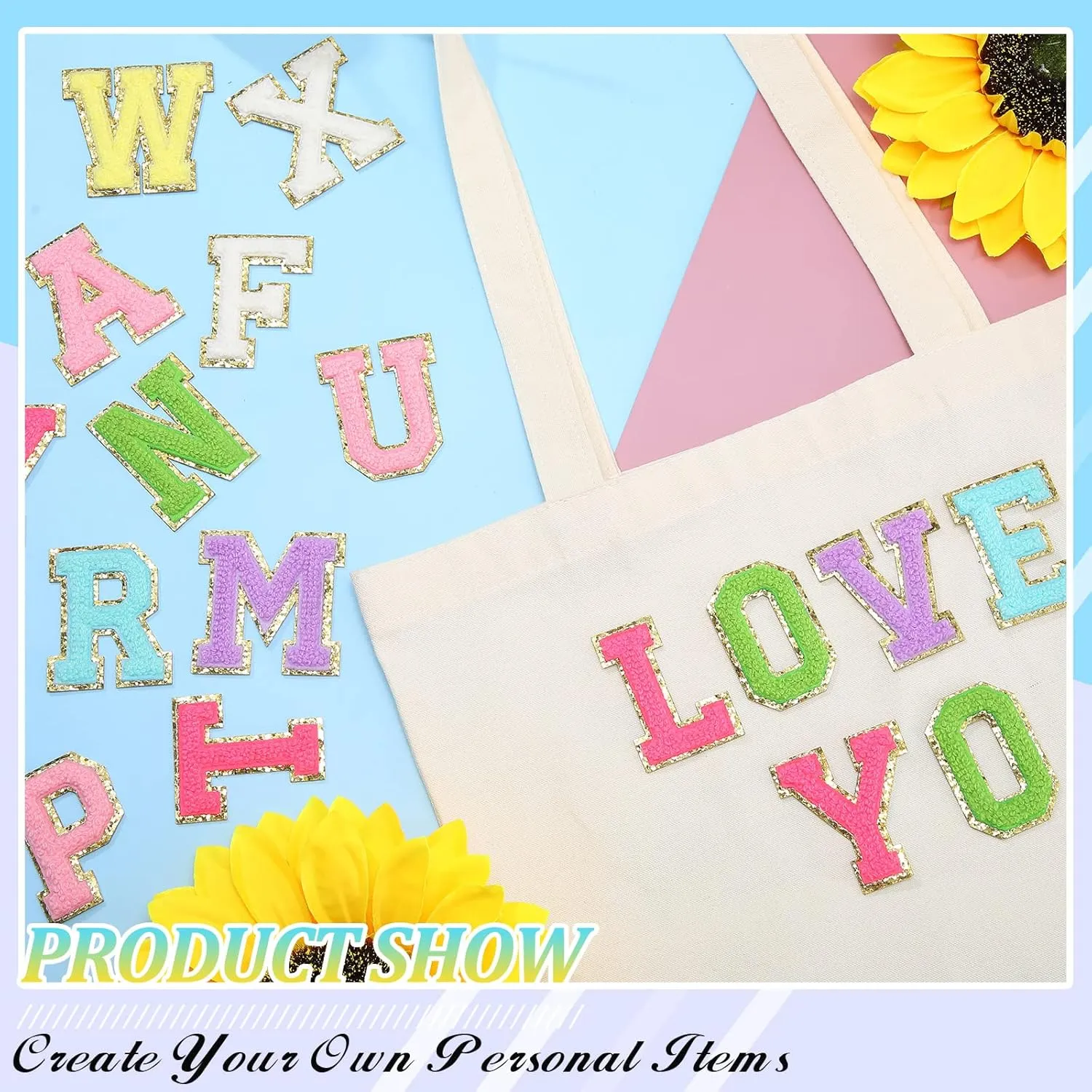 WILLBOND 52 Pcs Chenille Letter Patches Bulk Self Adhesive Chenille Letters for Backpacks Embroidered Applique Patch for Clothing Hats Bags Easter Day Graduation Birthday Party(Multicolor)