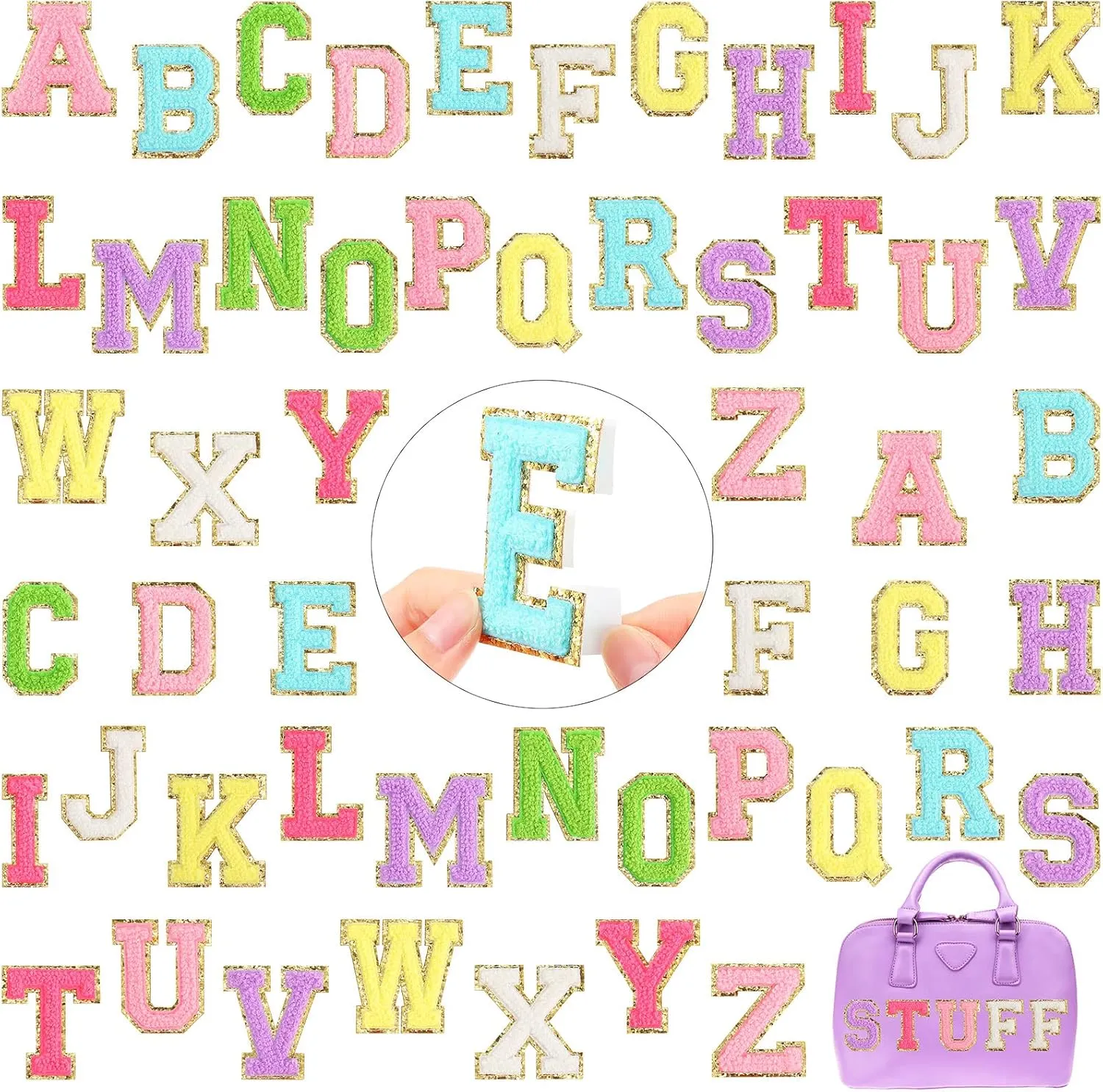 WILLBOND 52 Pcs Chenille Letter Patches Bulk Self Adhesive Chenille Letters for Backpacks Embroidered Applique Patch for Clothing Hats Bags Easter Day Graduation Birthday Party(Multicolor)