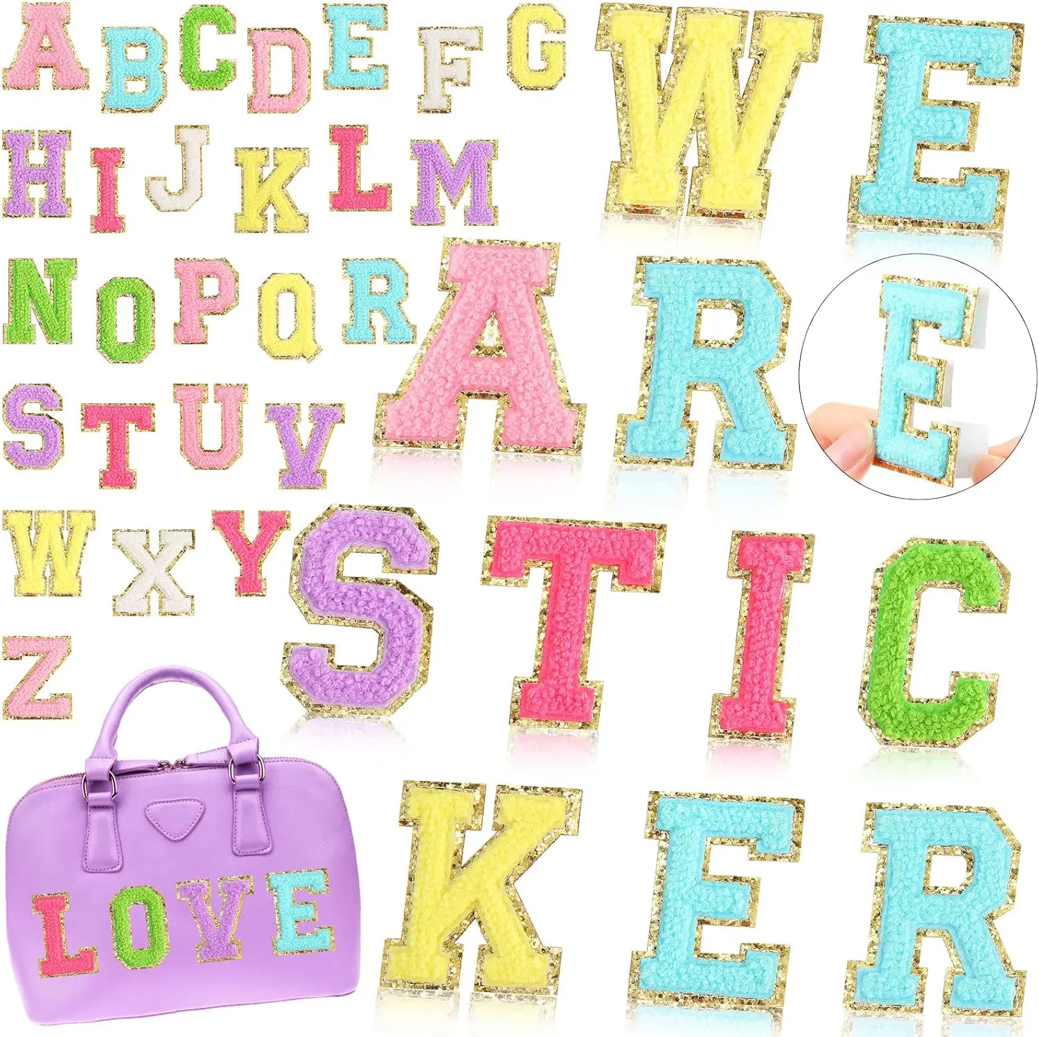 WILLBOND 52 Pcs Chenille Letter Patches Bulk Self Adhesive Chenille Letters for Backpacks Embroidered Applique Patch for Clothing Hats Bags Easter Day Graduation Birthday Party(Multicolor)