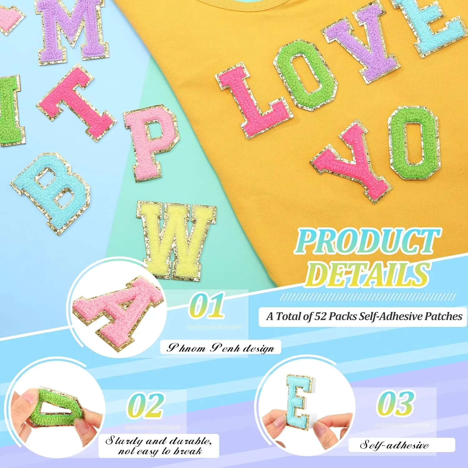 WILLBOND 52 Pcs Chenille Letter Patches Bulk Self Adhesive Chenille Letters for Backpacks Embroidered Applique Patch for Clothing Hats Bags Easter Day Graduation Birthday Party(Multicolor)