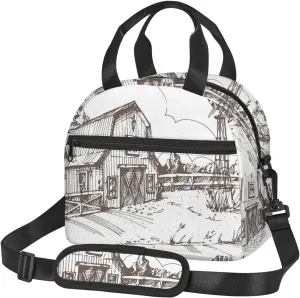 Windmill Print,Insulated Reusable Lunch Bag Adult Large Lunch Box for Women and Men,Farmhouse Hand Drawn Countryside,Adjustable Shoulder Strap,Front Zipper Pocket,Brown And White