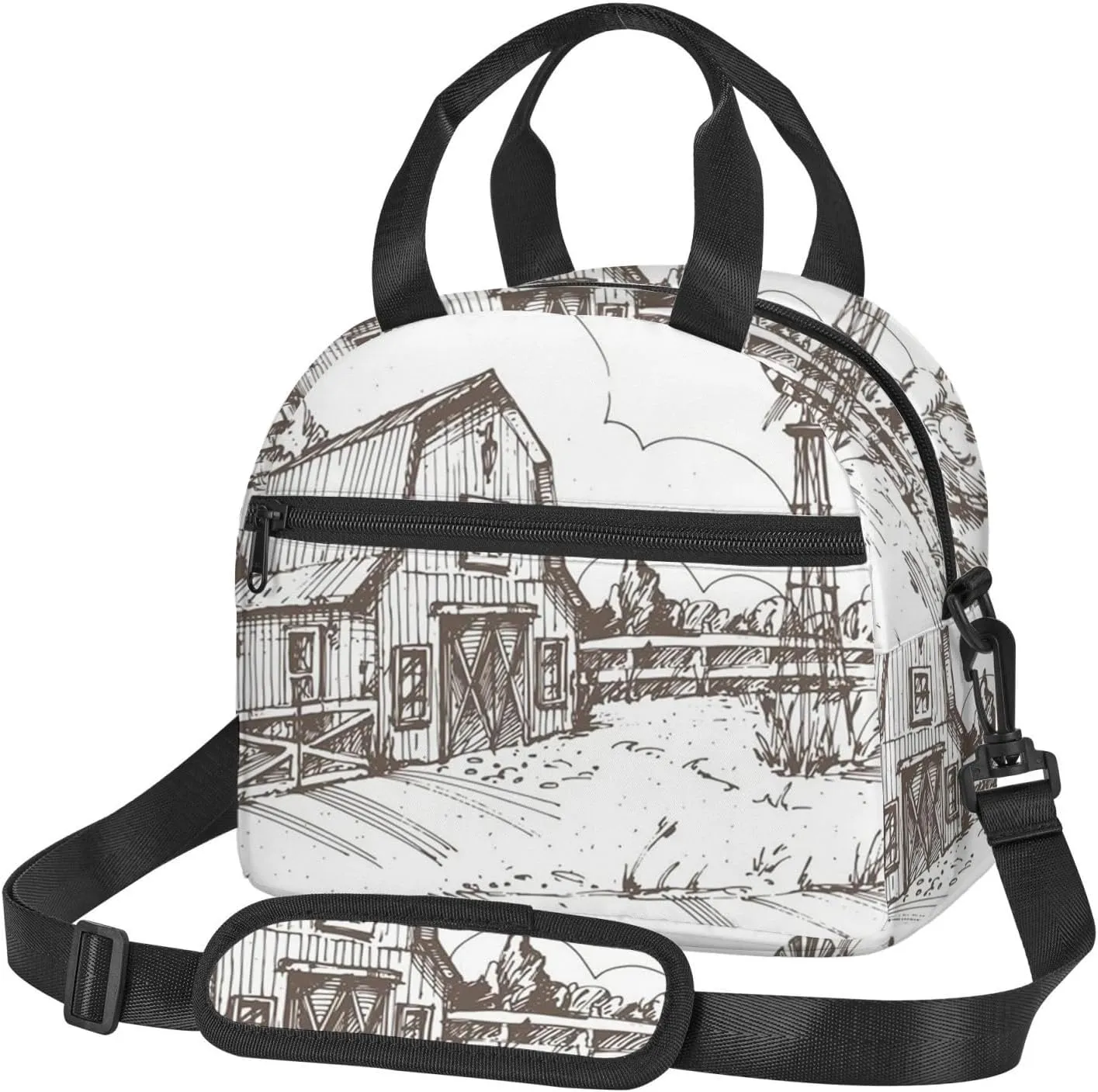 Windmill Print,Insulated Reusable Lunch Bag Adult Large Lunch Box for Women and Men,Farmhouse Hand Drawn Countryside,Adjustable Shoulder Strap,Front Zipper Pocket,Brown And White