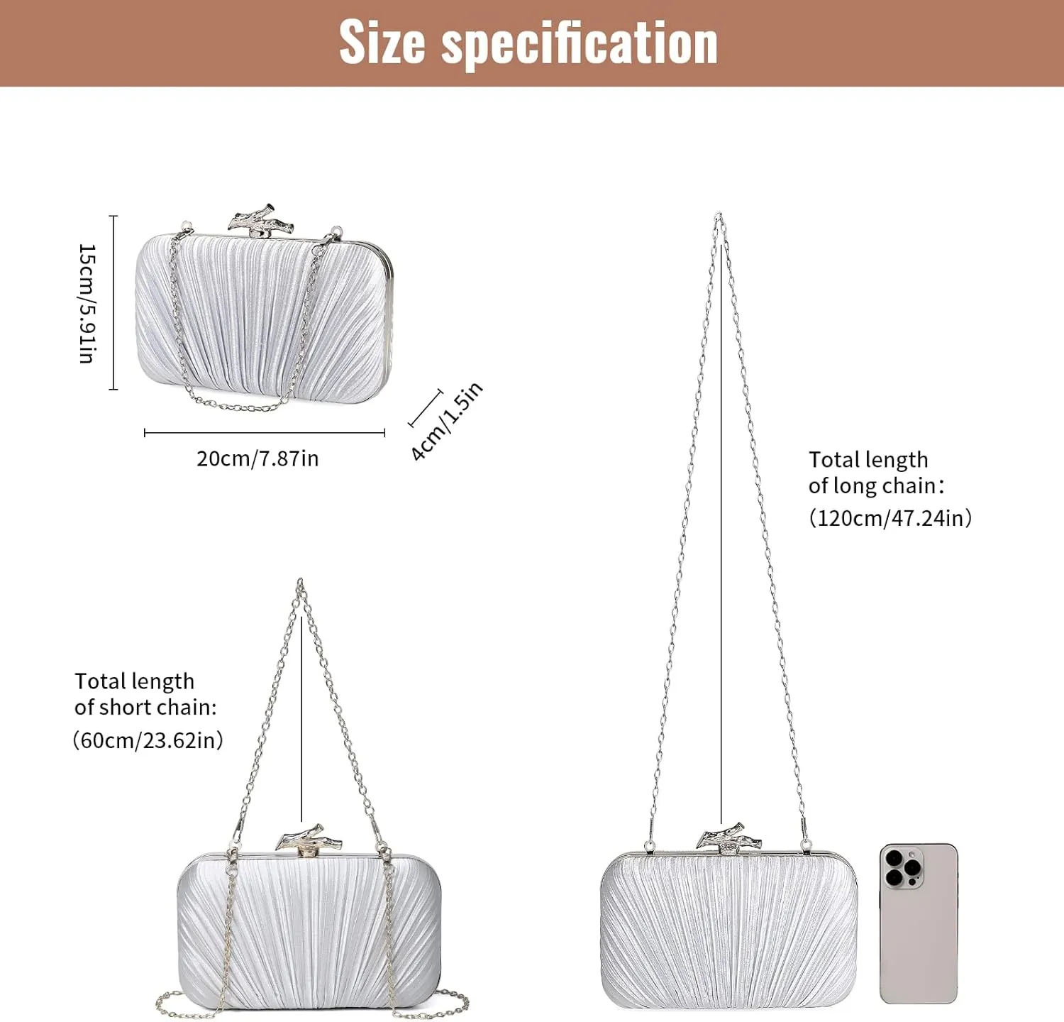 Women Clutch Purses Satin Pleated Evening Bag for Wedding, Party, Bridal, Cocktail and Formal Events with 2 Chain Strap