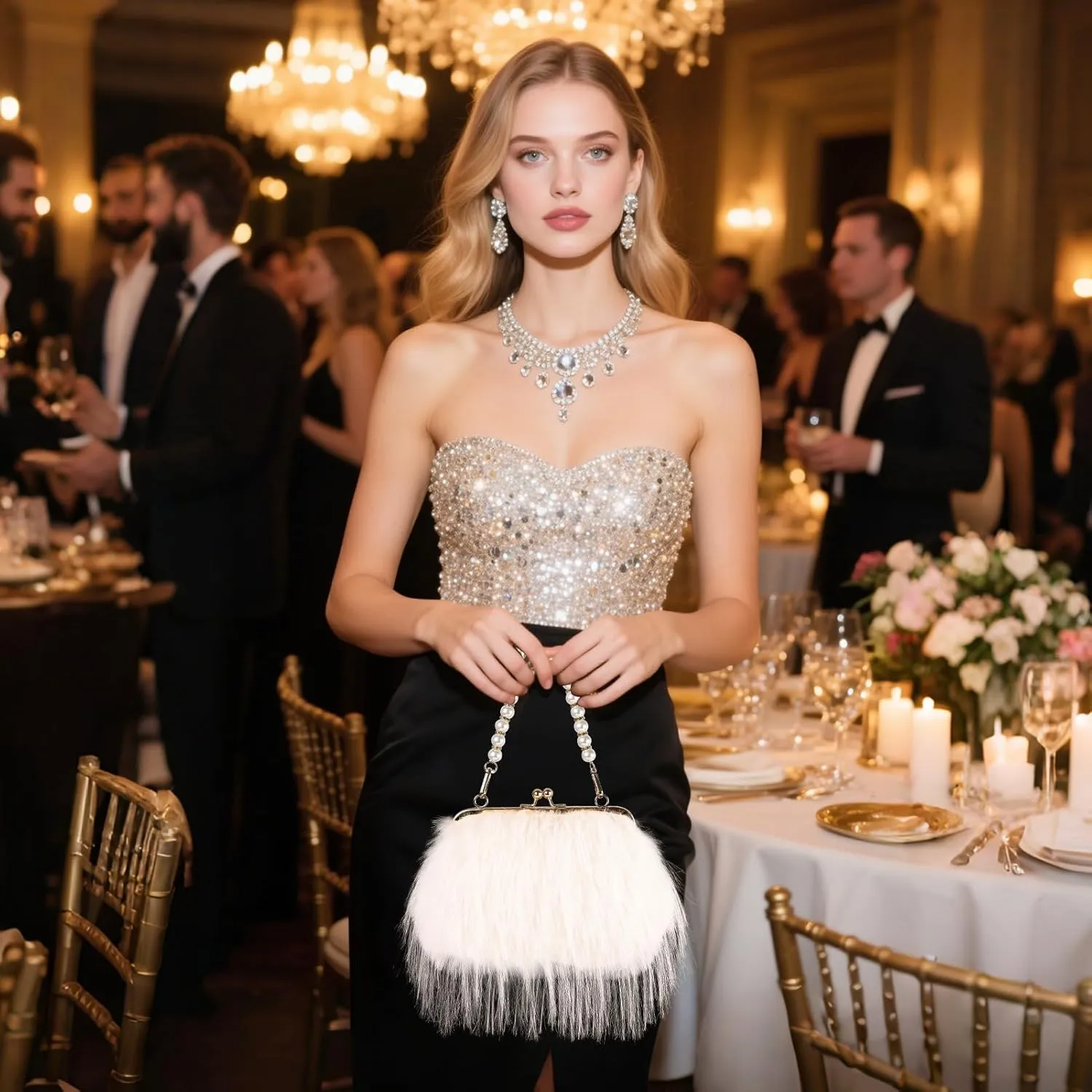 Women Clutch Purses,Fluffy Feather Evening Handbags for Wedding Party Banquet Prom Crossbody Bag
