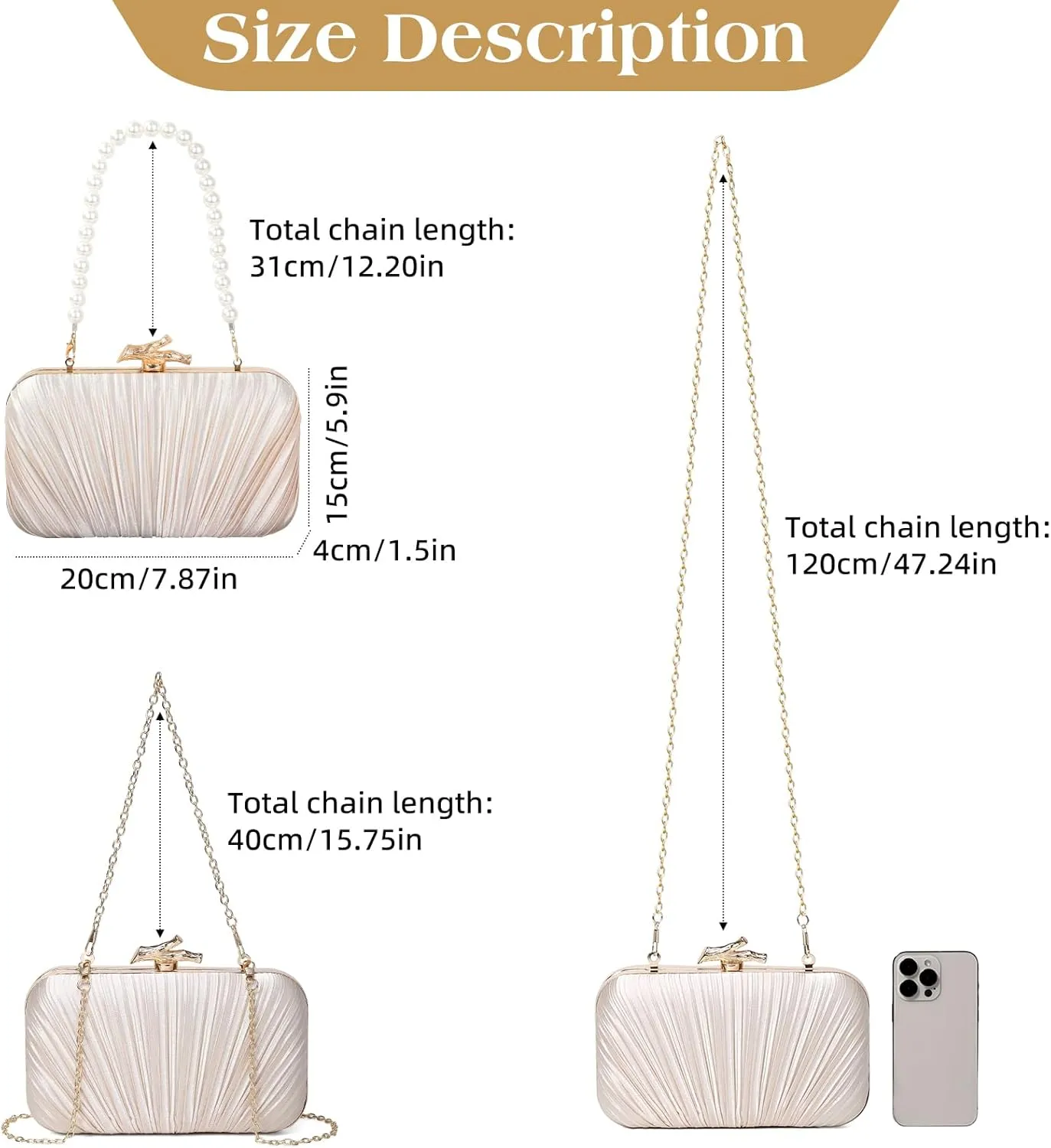 Women Evening Bag Clutch Purse, Pleated Satin Seashell Evening Clutch for Wedding Party Cocktail Prom Dinner with Pearl Chain