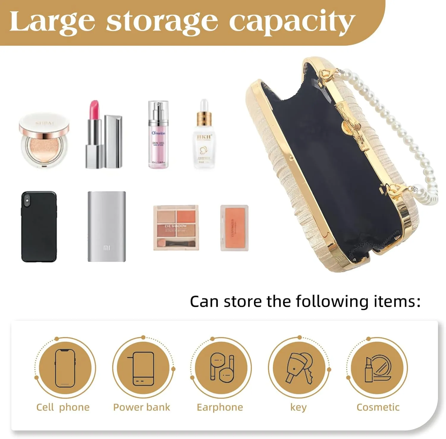 Women Evening Bag Clutch Purse, Pleated Satin Seashell Evening Clutch for Wedding Party Cocktail Prom Dinner with Pearl Chain