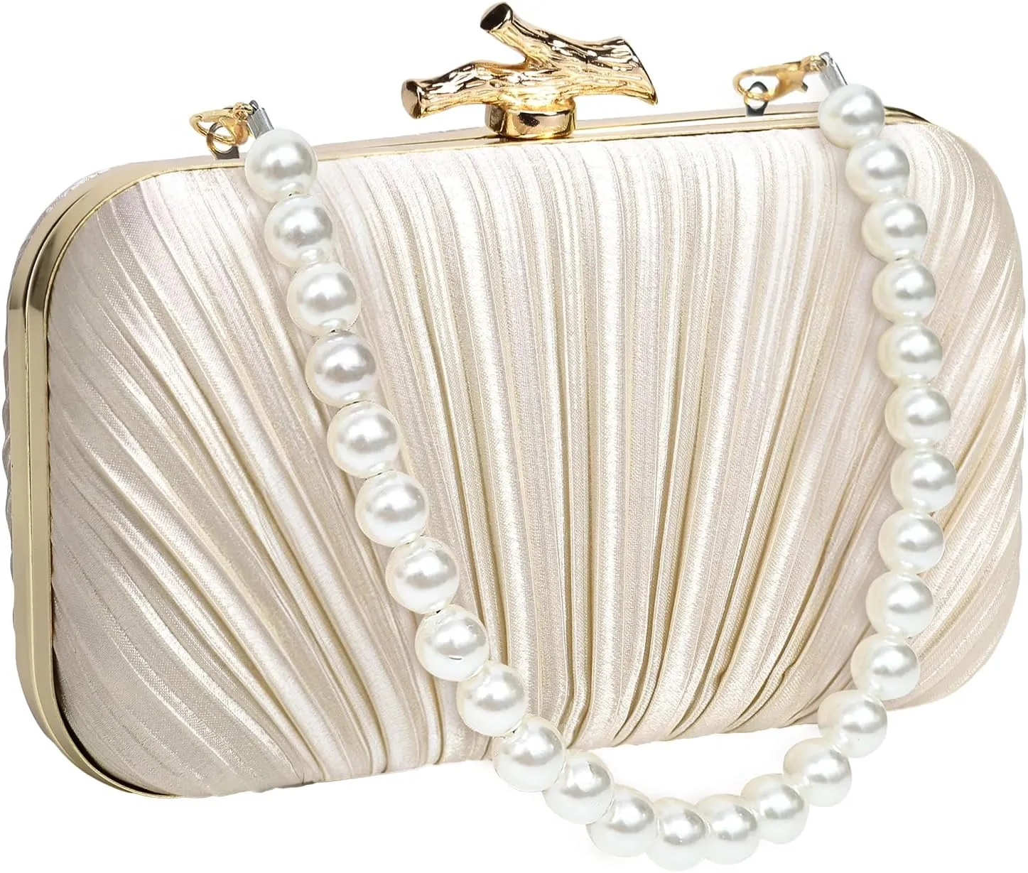 Women Evening Bag Clutch Purse, Pleated Satin Seashell Evening Clutch for Wedding Party Cocktail Prom Dinner with Pearl Chain