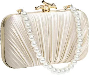 Women Evening Bag Clutch Purse, Pleated Satin Seashell Evening Clutch for Wedding Party Cocktail Prom Dinner with Pearl Chain