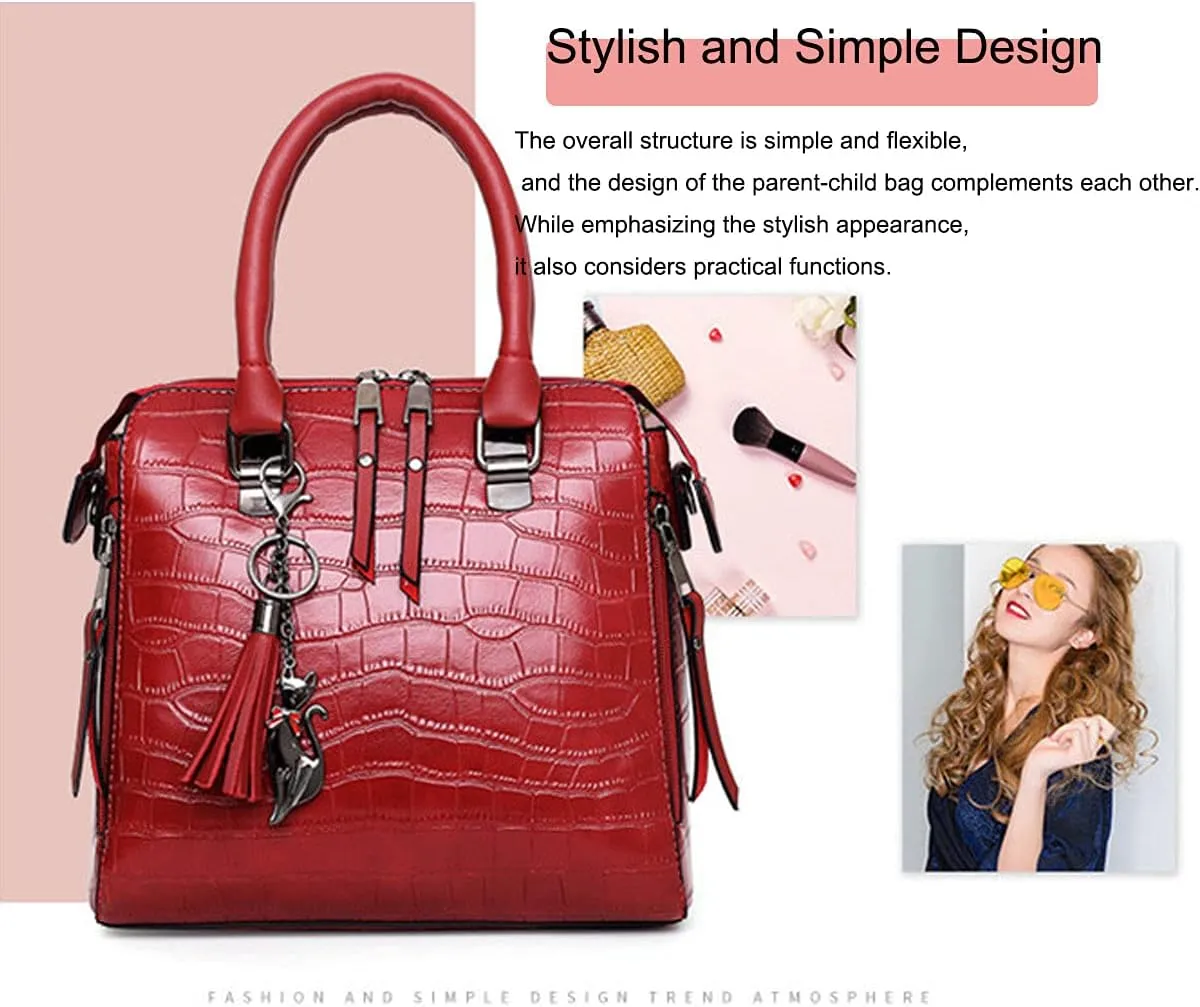 Women Fashion Handbags Tassel Pendant Wallet Tote Bag Shoulder Bag Top Handle Satchel Purse Set 4pcs(Blue)