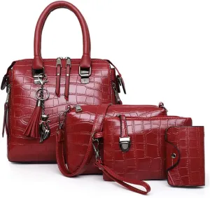 Women Fashion Handbags Tassel Pendant Wallet Tote Bag Shoulder Bag Top Handle Satchel Purse Set 4pcs(Blue)