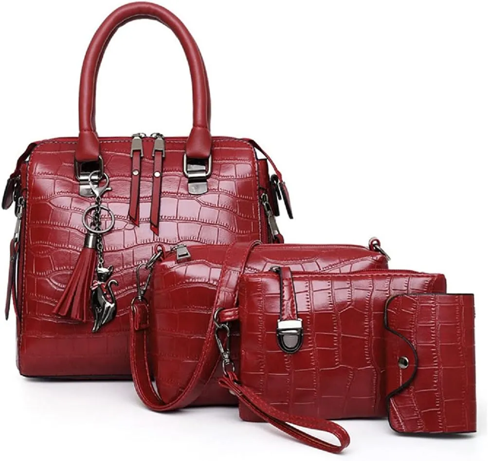 Women Fashion Handbags Tassel Pendant Wallet Tote Bag Shoulder Bag Top Handle Satchel Purse Set 4pcs(Blue)