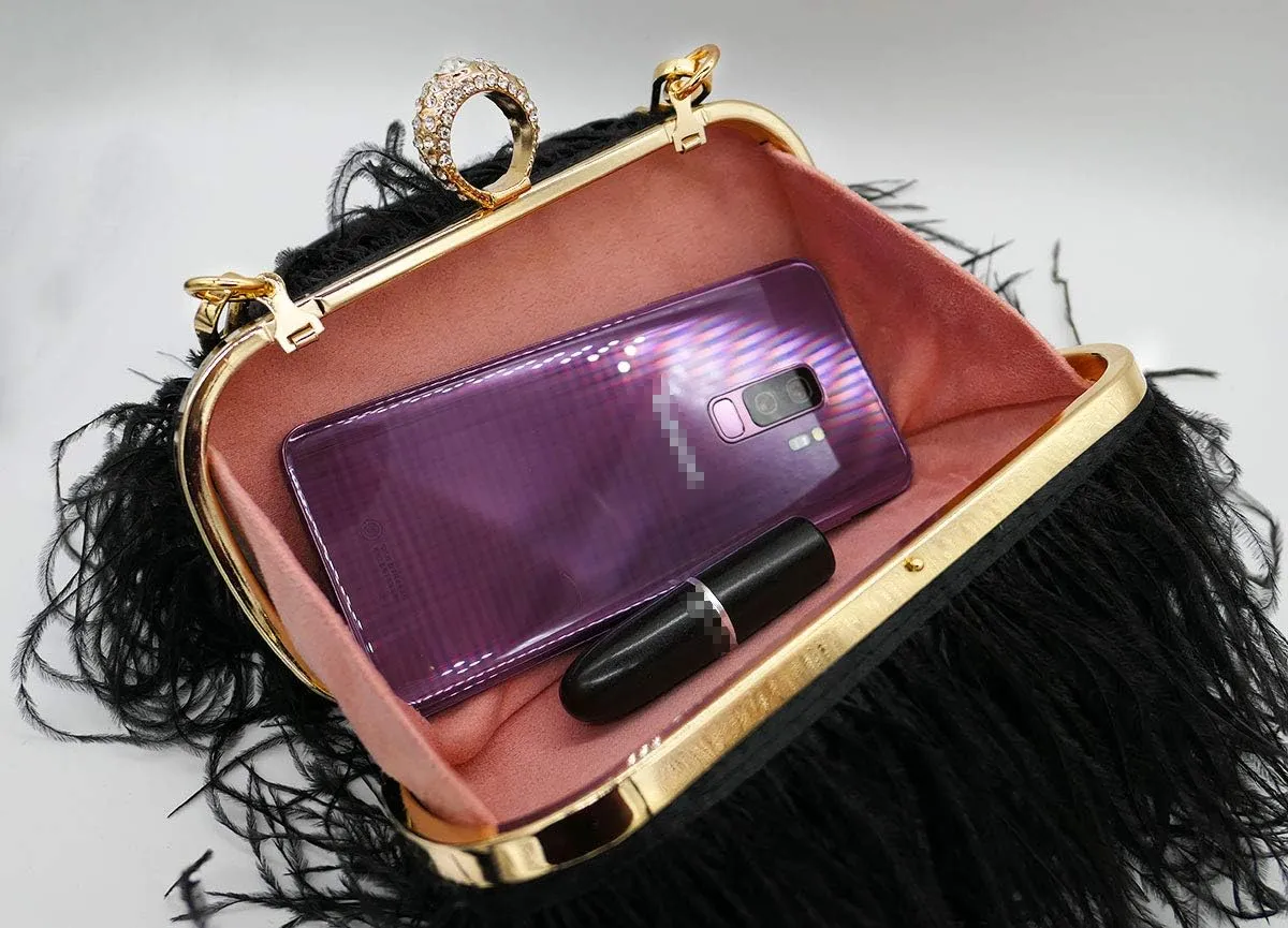 Women Fluffy Ostrich Feather Evening Dress Clutch Bag Purse Shoulder Bag