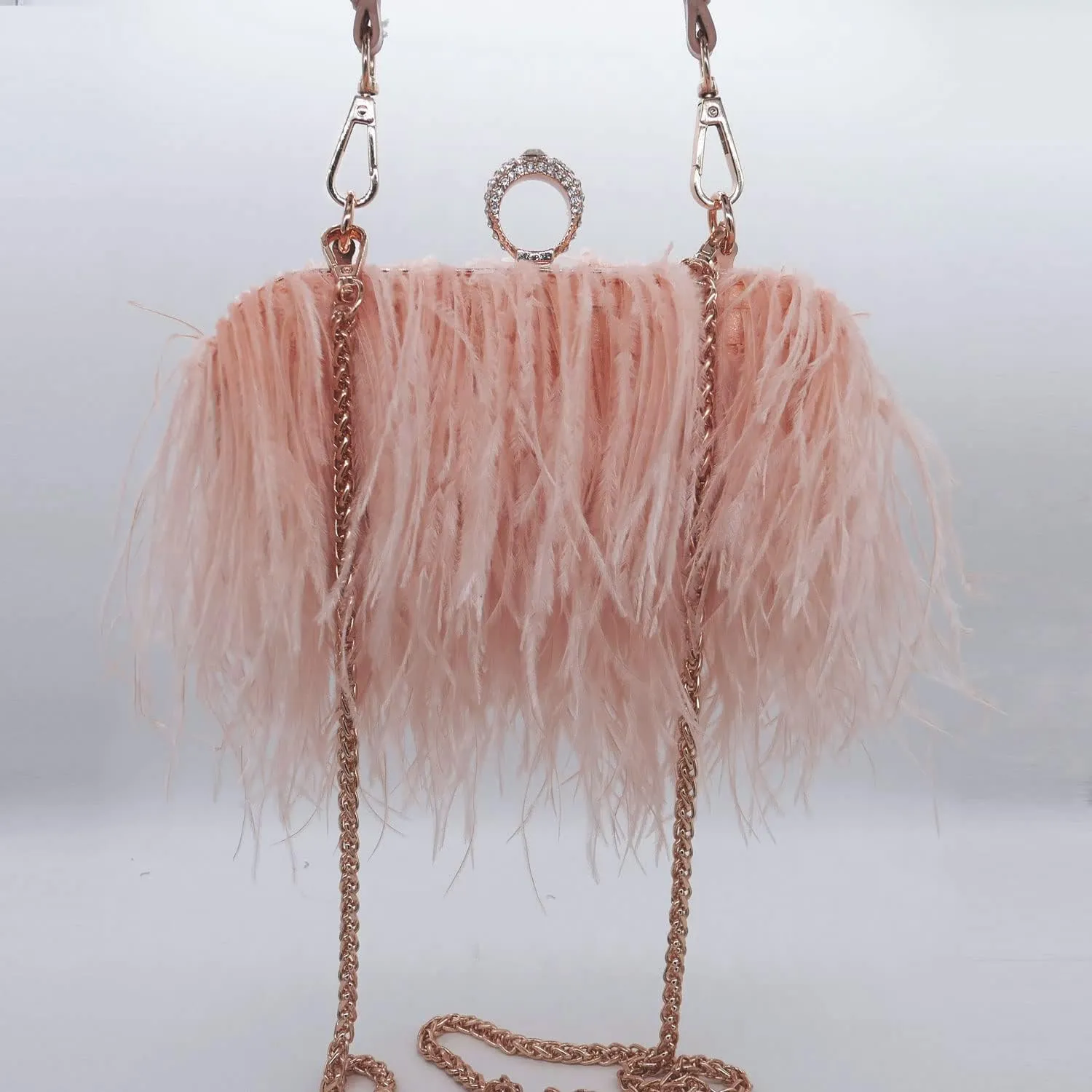 Women Fluffy Ostrich Feather Evening Dress Clutch Bag Purse Shoulder Bag