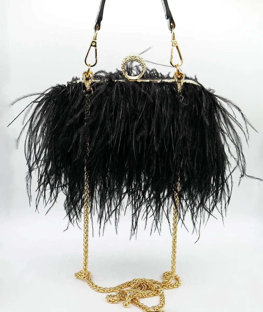 Women Fluffy Ostrich Feather Evening Dress Clutch Bag Purse Shoulder Bag