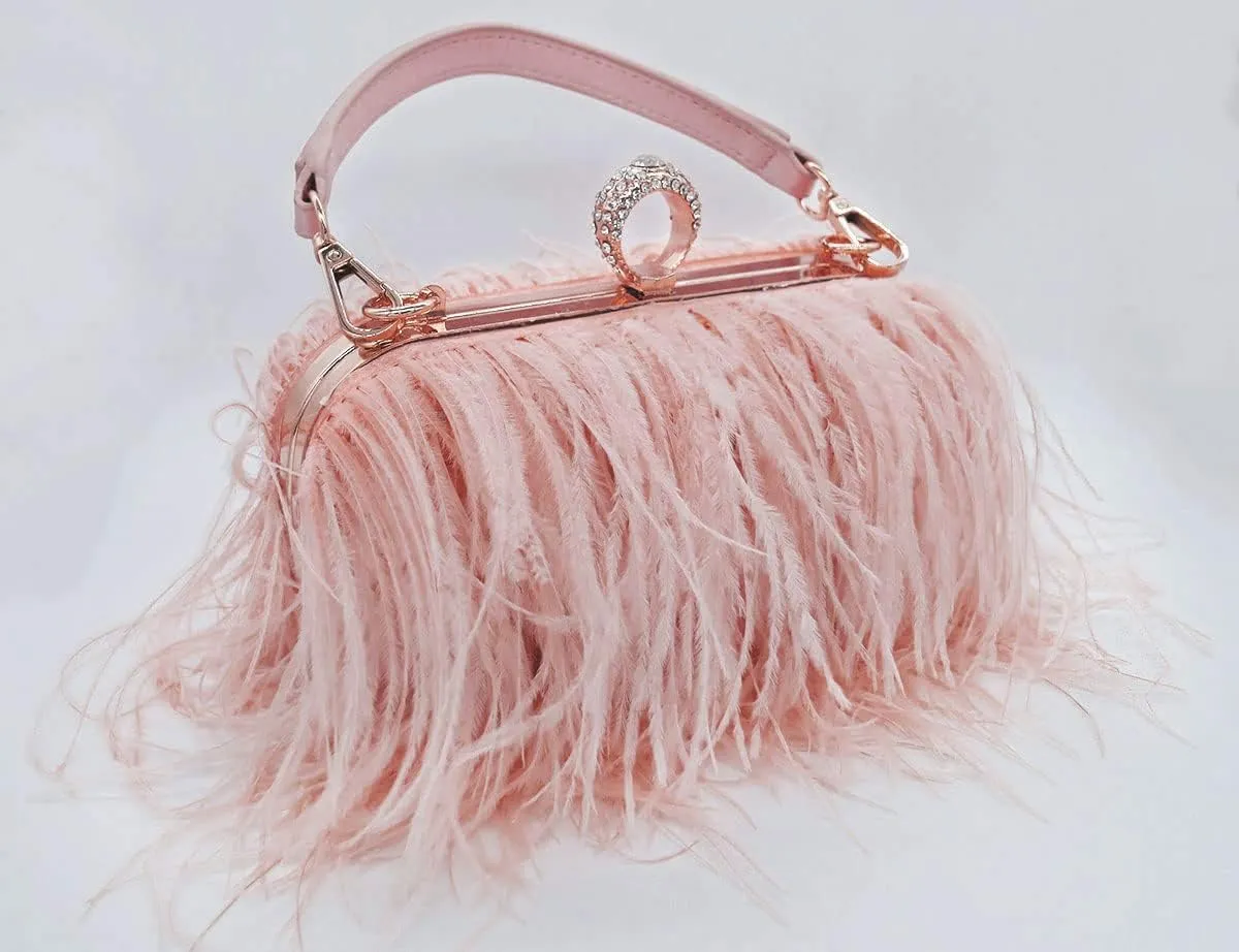 Women Fluffy Ostrich Feather Evening Dress Clutch Bag Purse Shoulder Bag