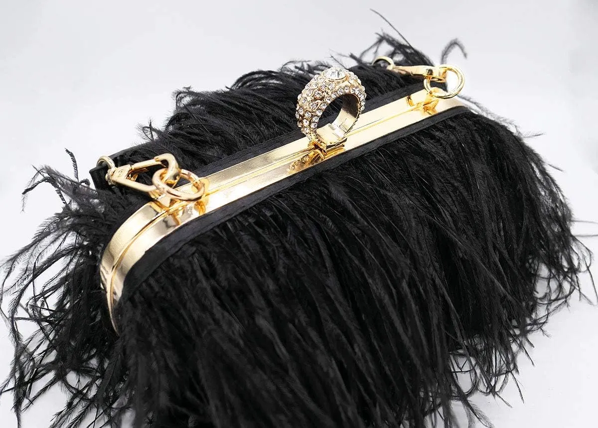 Women Fluffy Ostrich Feather Evening Dress Clutch Bag Purse Shoulder Bag