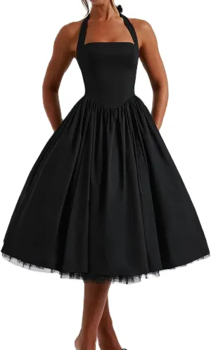 Women Halter Corset Midi Dress Sleeveless Backless A-line Swing Dress Vintage Coquette Long Dress Party Wedding