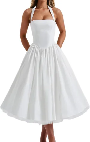 Women Halter Corset Midi Dress Sleeveless Backless A-line Swing Dress Vintage Coquette Long Dress Party Wedding