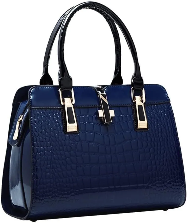Women Handbag Leather Top Handle Handbag Crocodile Print Ladies Bright Large Capacity Bag with Adjustable Long Strap