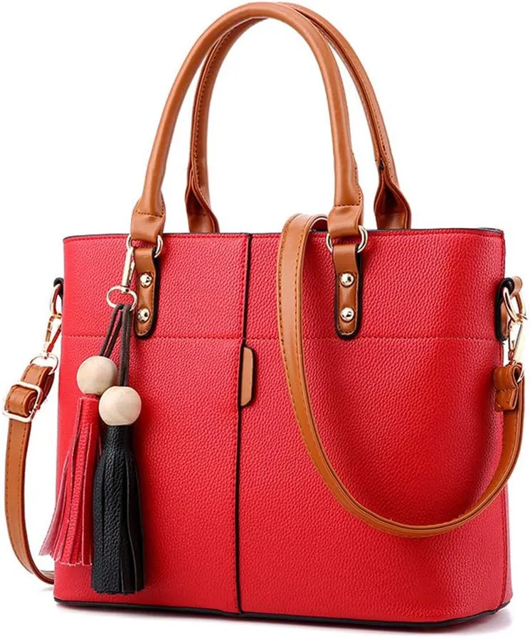 Women Handbag Tassel Desinger Tote PU Leather Shoulder Bag Purse Stitching Pattern Crossbody Bag Satchel