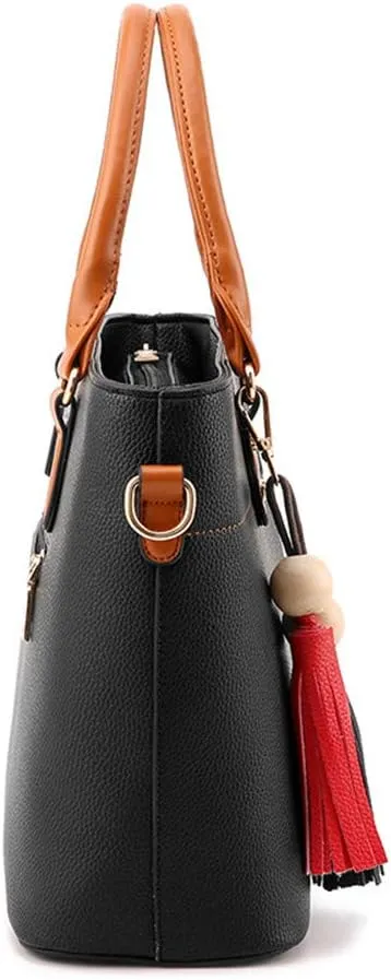 Women Handbag Tassel Desinger Tote PU Leather Shoulder Bag Purse Stitching Pattern Crossbody Bag Satchel