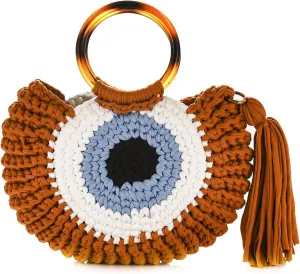 Women Handwoven Hobo Bag Evil Eye Chunky Yarn Knitted Clutch Top-handle Handbag Crochet Wedding Party Beach Tote Purse