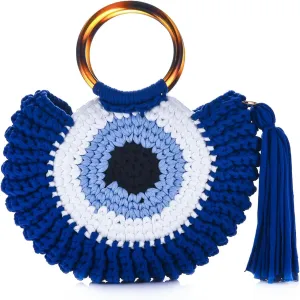 Women Handwoven Hobo Bag Evil Eye Chunky Yarn Knitted Clutch Top-handle Handbag Crochet Wedding Party Beach Tote Purse