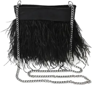 Women Natural Fluffy Ostrich Feather Evening Clutch Purse Shoulder Crossbody Bag