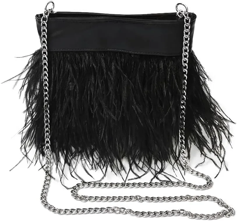 Women Natural Fluffy Ostrich Feather Evening Clutch Purse Shoulder Crossbody Bag