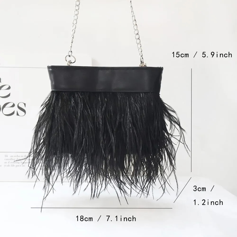 Women Natural Fluffy Ostrich Feather Evening Clutch Purse Shoulder Crossbody Bag