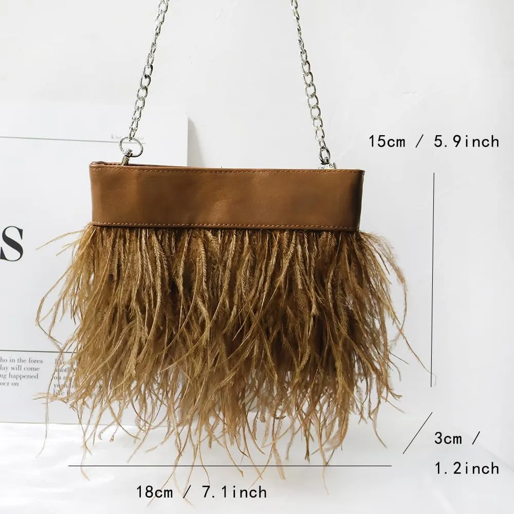 Women Natural Fluffy Ostrich Feather Evening Clutch Purse Shoulder Crossbody Bag