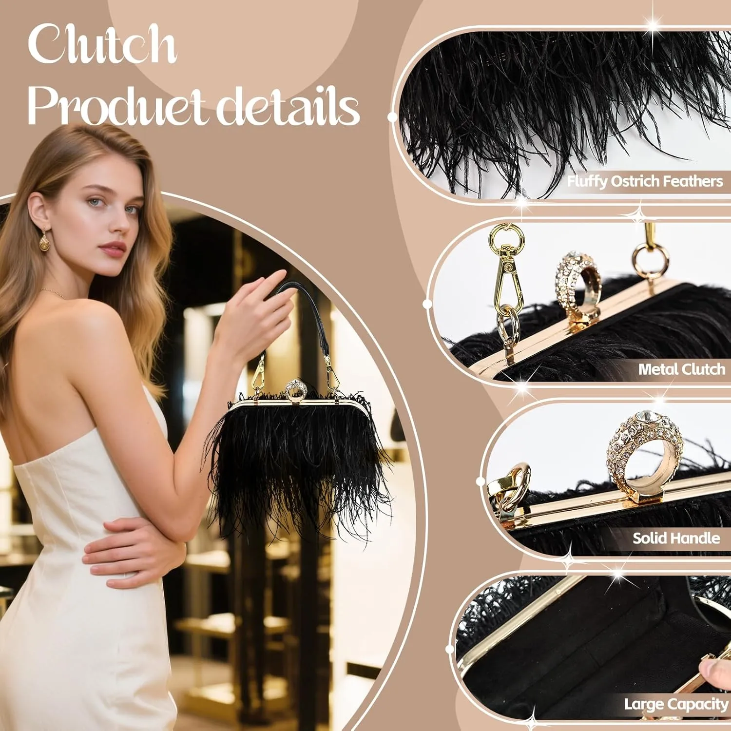 Women Ostrich Feather Tote Bag Fluffy Purse Clutch Feather Shoulder Crossbody Bag Evening Handbag for Wedding Party