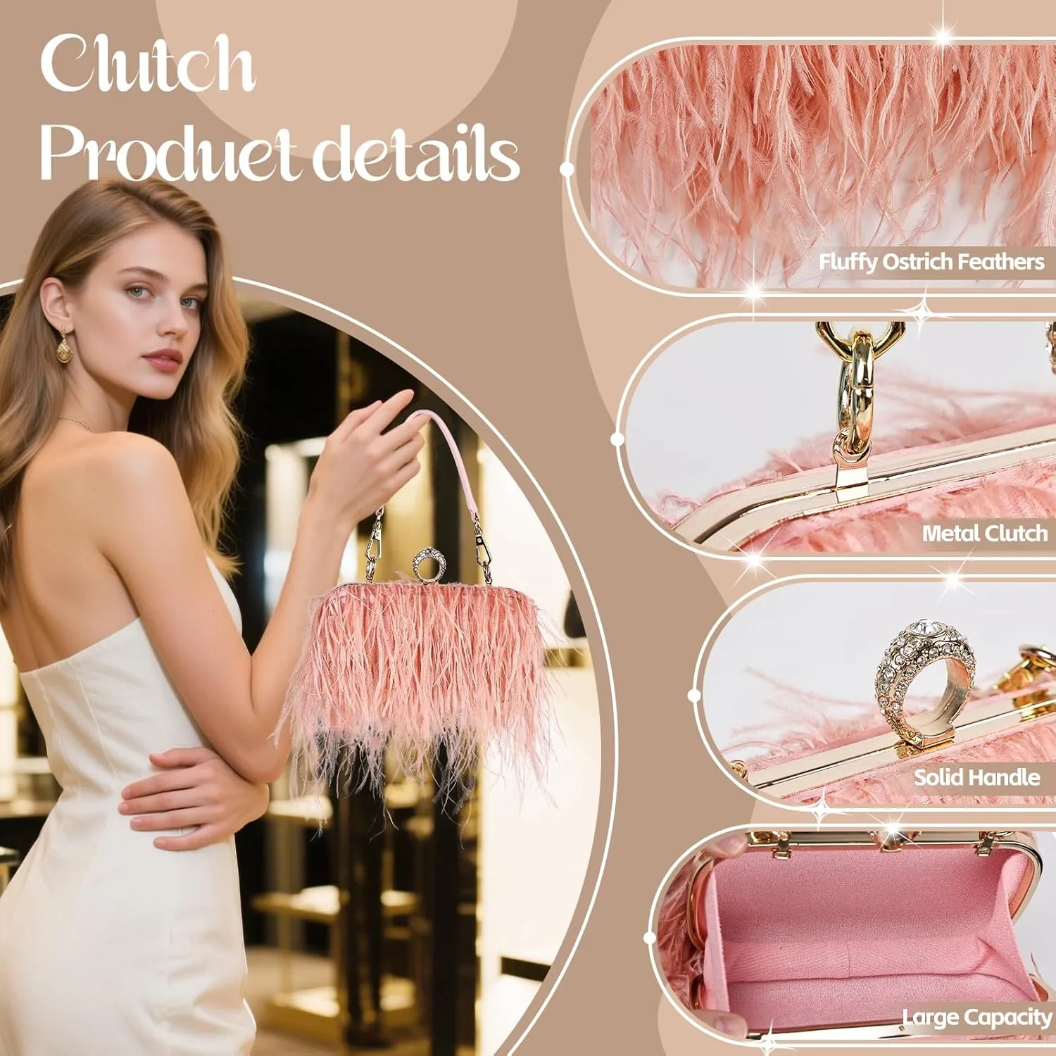 Women Ostrich Feather Tote Bag Fluffy Purse Clutch Feather Shoulder Crossbody Bag Evening Handbag for Wedding Party
