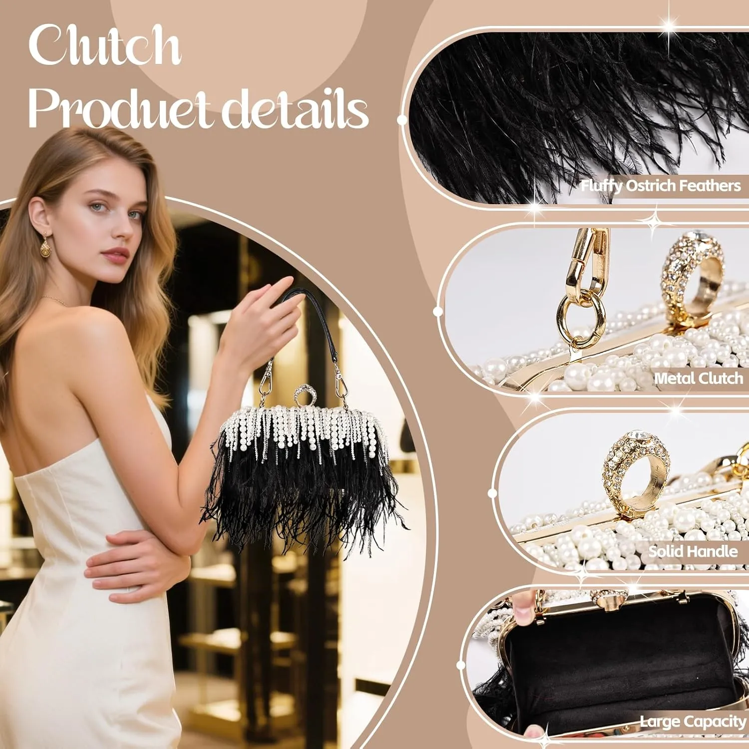 Women Ostrich Feather Tote Bag Fluffy Purse Clutch Feather Shoulder Crossbody Bag Evening Handbag for Wedding Party