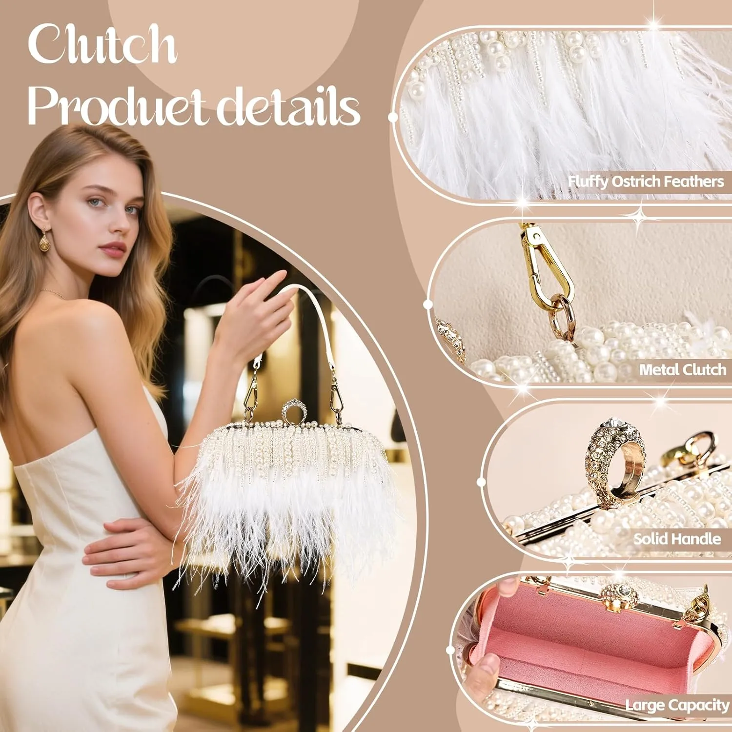 Women Ostrich Feather Tote Bag Fluffy Purse Clutch Feather Shoulder Crossbody Bag Evening Handbag for Wedding Party
