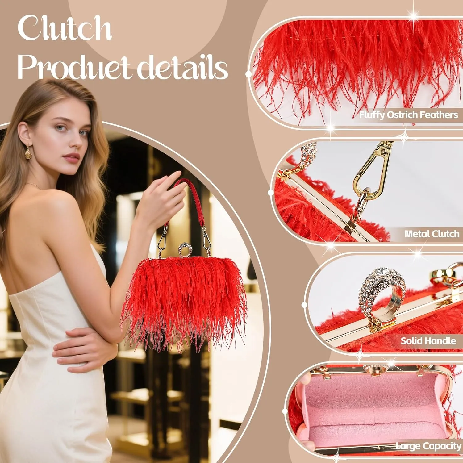 Women Ostrich Feather Tote Bag Fluffy Purse Clutch Feather Shoulder Crossbody Bag Evening Handbag for Wedding Party