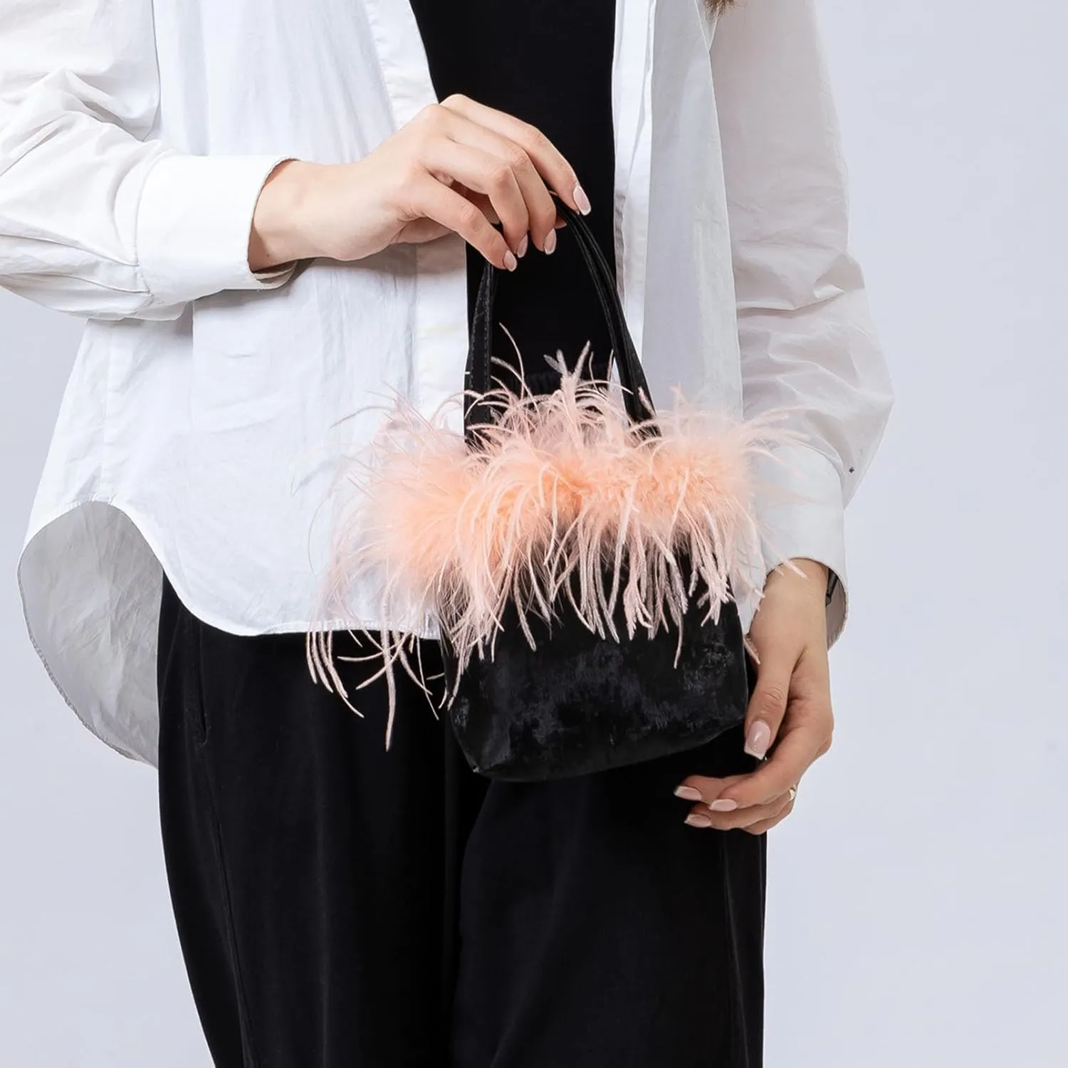 Women Ostrich Feather-trim Mini Handbag Cossbody Bag Cute Top Handle Bag for Party Weding Outing