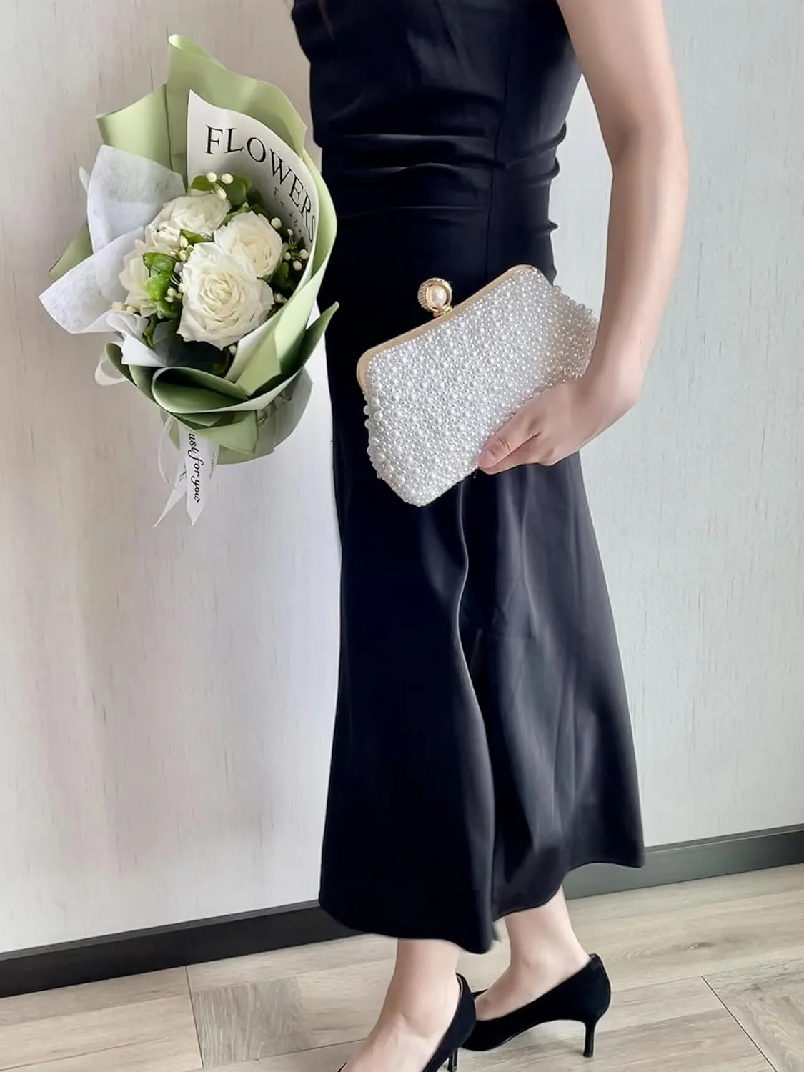 Women Pearl Evening Bag Bride Beaded Clutch Purse Cream White for Wedding Party