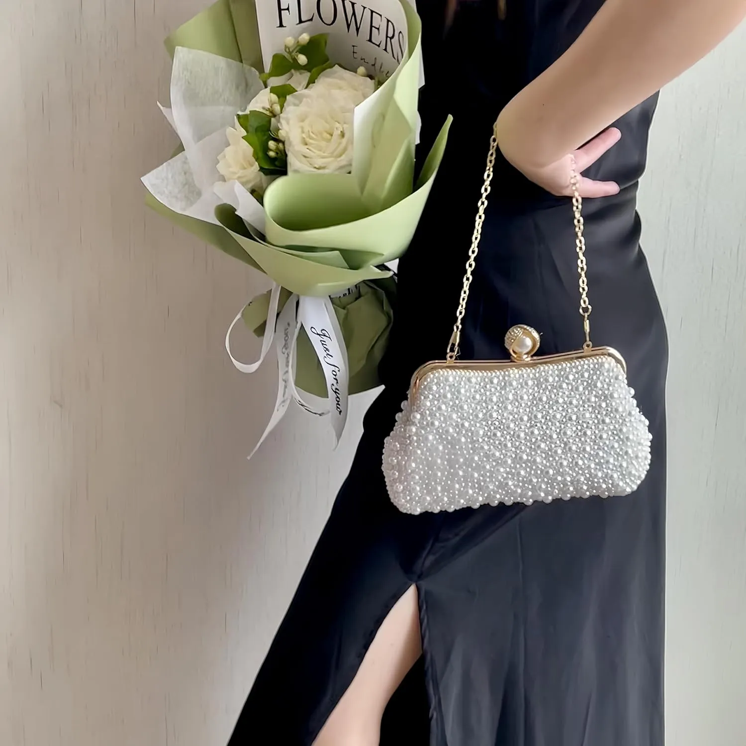 Women Pearl Evening Bag Bride Beaded Clutch Purse Cream White for Wedding Party