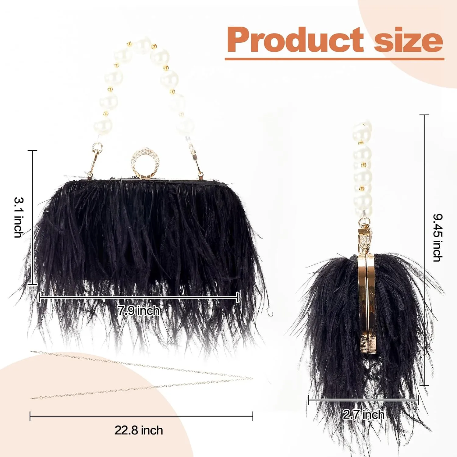 Women Pure Natural Ostrich Feather Fluffy Evening Clutch Purse Suitable for Party,Wedding,Tea Party Clutch Handbag
